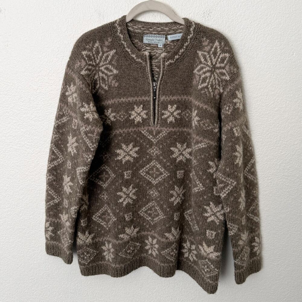 [Vintage] Nomadic Traders Brown Fair Isle 1/4 Zip Hand Knit Wool Sweater Medium